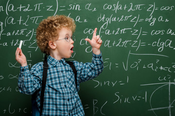 Wall Mural - surprised kid in glasses gesturing while holding chalk near chalkboard with mathematical formulas