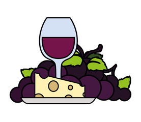 Wall Mural - wine glass with grapes and cheese portion on white background