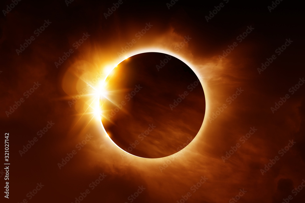 A solar eclipse. The total eclipse is caused when the sun, moon and earth align. Illustration. - obrazy, fototapety, plakaty 