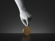 3d render, mannequin hand holding blank round golden token or coin or medal isolated on black background. Payment or fortune metaphor. Modern minimal concept. Concrete sculpture. Artificial human limb