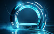 © James Thew - Empty Blue neon futuristic lighting stage and platform, product placement 3D illustration.