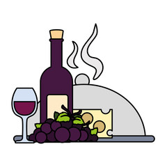 Sticker - bottle wine with piece of cheese and tray server on white background