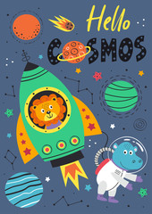  poster with space lion and hippo in rocket - vector illustration, eps    