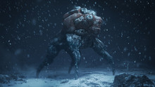 3d Illustration Of A Cyberpunk Scary Monster Spider Standing On Snowy Ground With Falling Snow In The Night Scene. Futuristic Post Apocalypse Mutant In Metal Armor. Concept Art Sci- Fi Alien Character
