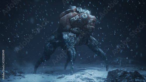 Fotografía 3d illustration of a cyberpunk scary monster spider standing on snowy ground with falling snow in the night scene