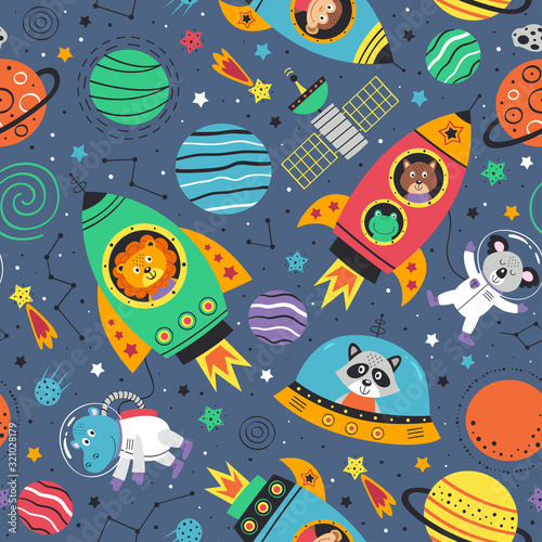 Fotomural seamless pattern with space animals in rockets