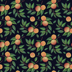 Orange branches with fruits seamless pattern on dark background. Natural fresh organic summer pattern. Garden, tropical texture. 3d rendering with watercolor painting of oranges, madarines and leaves