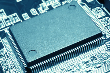 Close up view of central computer processor CPU blank microchip for copy space. Motherboard circuit background