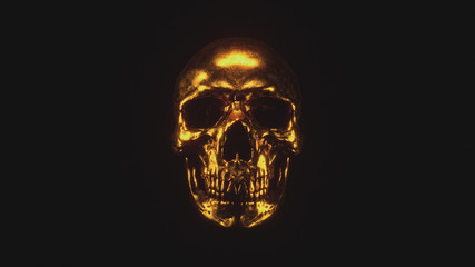 Scary grunge gold human skull isolated on black background. Concept art of a creepy gothic skull with teeth. Dark fantasy. Devil gold Mask. Skull and Crossbones. Halloween. 3d illustration