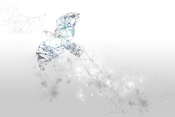 The particles, geometric art, line and dot of bird flying abstract illustration. White background.