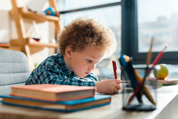 Wall Mural - selective focus of curly kid writing near books