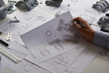 Poster - Engineer technician designing drawings mechanical parts engineering Engine.manufacturing factory Industry Industrial work project blueprints measuring bearings caliper tools