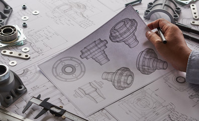 Poster - Engineer technician designing drawings mechanical parts engineering Engine.manufacturing factory Industry Industrial work project blueprints measuring bearings caliper tools