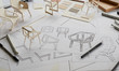© Chaosamran_Studio - Designer sketching drawing design development product plan draft chair armchair Wingback Interior furniture prototype manufacturing production. designer studio concept .