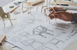 © Chaosamran_Studio - Designer sketching drawing design development product plan draft chair armchair Wingback Interior furniture prototype manufacturing production. designer studio concept .