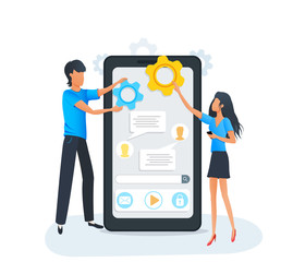 Mobile app development and coding. Process of building mobile application user interface for smartphone or tablet. Software development project. Flat vector illustration