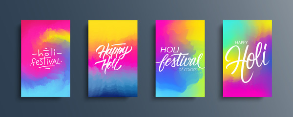 Poster - Happy Holi celebrate cards set. Abstract color gradient pattern backgrounds with hand lettering holiday greetings. Indian spring festival of colors collection. Vector illustration.