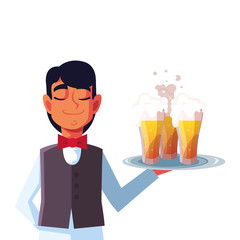 Poster - man waiter holding tray beer glasses on white background