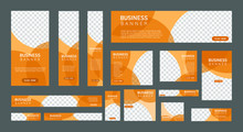 Set Of Creative Web Banners In Standard Size With A Place For Photos. Vertical, Horizontal And Square Template With Orange Color. Vector Illustration EPS 10