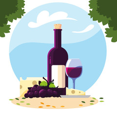 Poster - bottle and glass of wine with piece of cheese and grapes