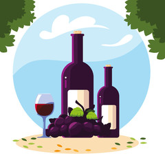 Poster - bottle and glass of wine with grapes