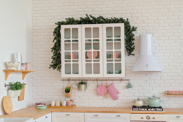 Modern kitchen with shelves, food, spice and dishes