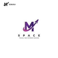 initial M with flying rocket, space logo design inspiration