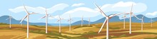 Autumn Natural Landscape With Windmills Vector Graphic Illustration. Nature Scenery Sea, Mountain, Field With Wind Energetic Turbines. Concept Of Ecological Alternative Energy And Environment Saving