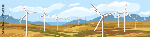 Fotomural Autumn natural landscape with windmills vector graphic illustration