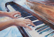 woman playing piano - elegant hands and fingers practicing music at keyboard - oil painting with detailed canvas texture