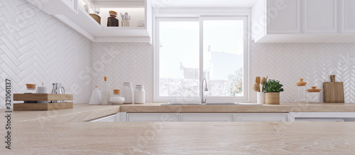 Fotografía Wooden top on background of modern kitchen with window and shelves