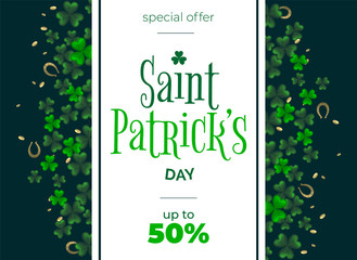 St. Patrick day vector background with clover. Irish holiday Saint Patrick Day.