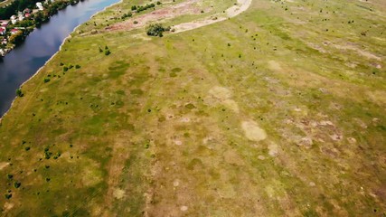Poster - flight over a field and a river, near a small village Ukraine, Dnieper river.