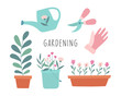 Cute set of gardening items. Plants, flowers, watering can, scissors, gloves. Cartoon vector illustration isolated on white background.