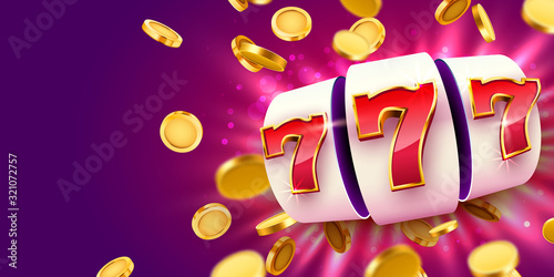 Fotomural Golden slot machine with flying golden coins wins the jackpot