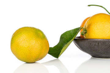 Wall Mural - Group of three whole fresh orange mandarin in glazed bowl isolated on white background