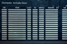 Black Display Of Departure And Arrival Of Flights. Board Information On Arrival