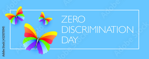 Zero Discrimination Day vector design with rainbow butterflies on blue background 