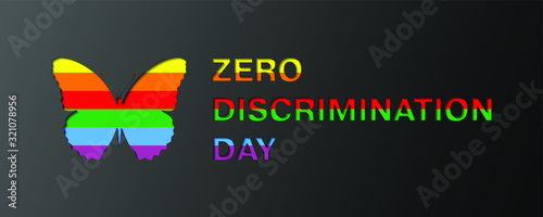 Zero Discrimination Day vector design with rainbow butterfly and text cutouts on dark background 