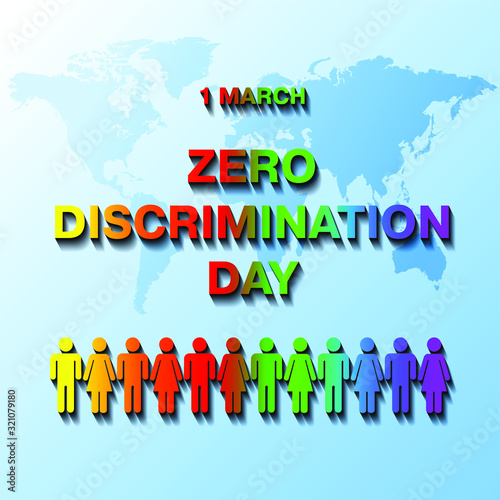 1 March Zero Discrimination Day rainbow text on blue world map