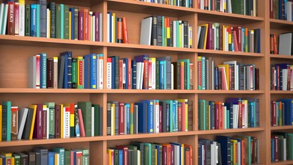 Poster - Library. Books ans textbooks on shelves in library or bookstore. Education,  school or university learning concept. Loopable 3d animation. All textures of book covers were created me in Photoshop.