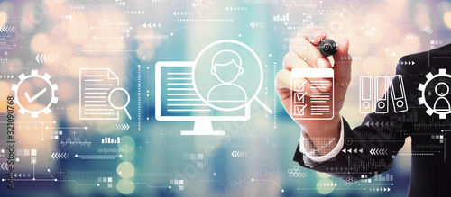 Cuadros en Lienzo Document management system concept with businessman on blurred abstract backgrou
