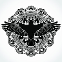 Ornamental Mandala Background With Silhouette Crow