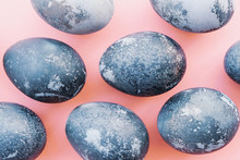 Natural Dyed Blue Colored Eggs On Pastel Pink Background, Top View.