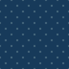 Vector Minimalist Geometric Floral Seamless Pattern. Navy Blue Color. Abstract Texture With Small Scattered Cross Shapes, Polka Dots. Stylish Modern Minimal Background. Repeat Design For Decor, Covers