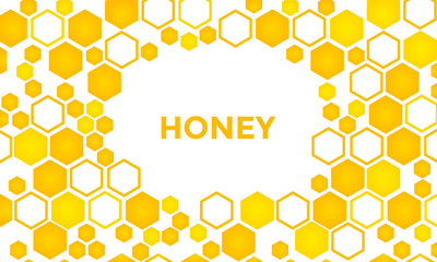 Sweet honey background, golden hexagons pattern. Frame for your text. Vector illustration