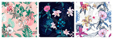 Set Of Original Trendy Seamless Artistic Flower Pattern, Beautiful Tropical Floral Exotic Background