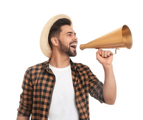 Wall Mural - Young man with megaphone on white background