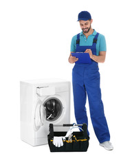 Poster - Repairman with clipboard and toolbox near washing machine on white background