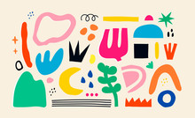 Big Set Of Hand Drawn Various Colorful Shapes And Doodle Objects. Abstract Contemporary Modern Trendy Vector Illustration. All Elements Are Isolated